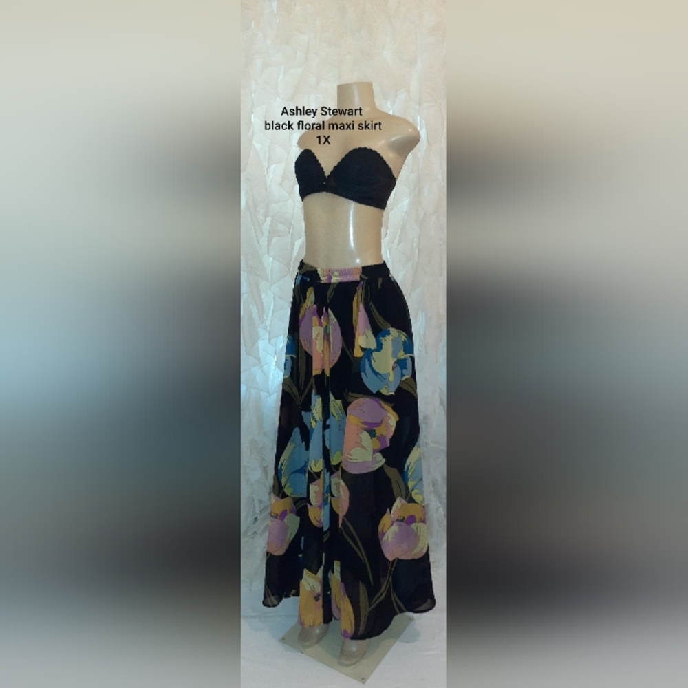 Ashley Stewart Black Floral Maxi Skirt 1X